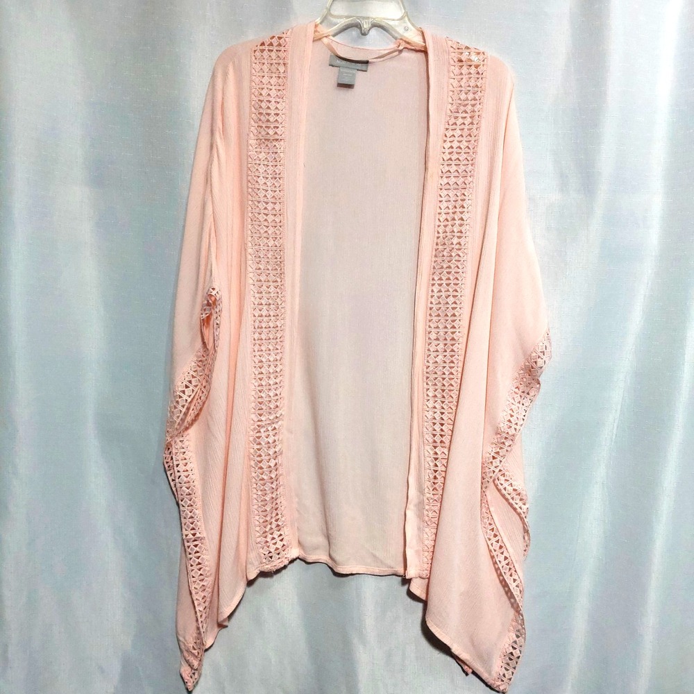 NORDSTROM Women One Size Light Pink Gauze Knit Kimono Draped Cardigan Lace Trim